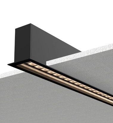 Luminaire LED linéaire individuel, doté d'une optique haute performance et d'un indice d'éblouissement très faible (UGR < 16). Corps fabriqué en aluminium extrudé de haute qualité, laqué au four et doté d'une finition texturée.
