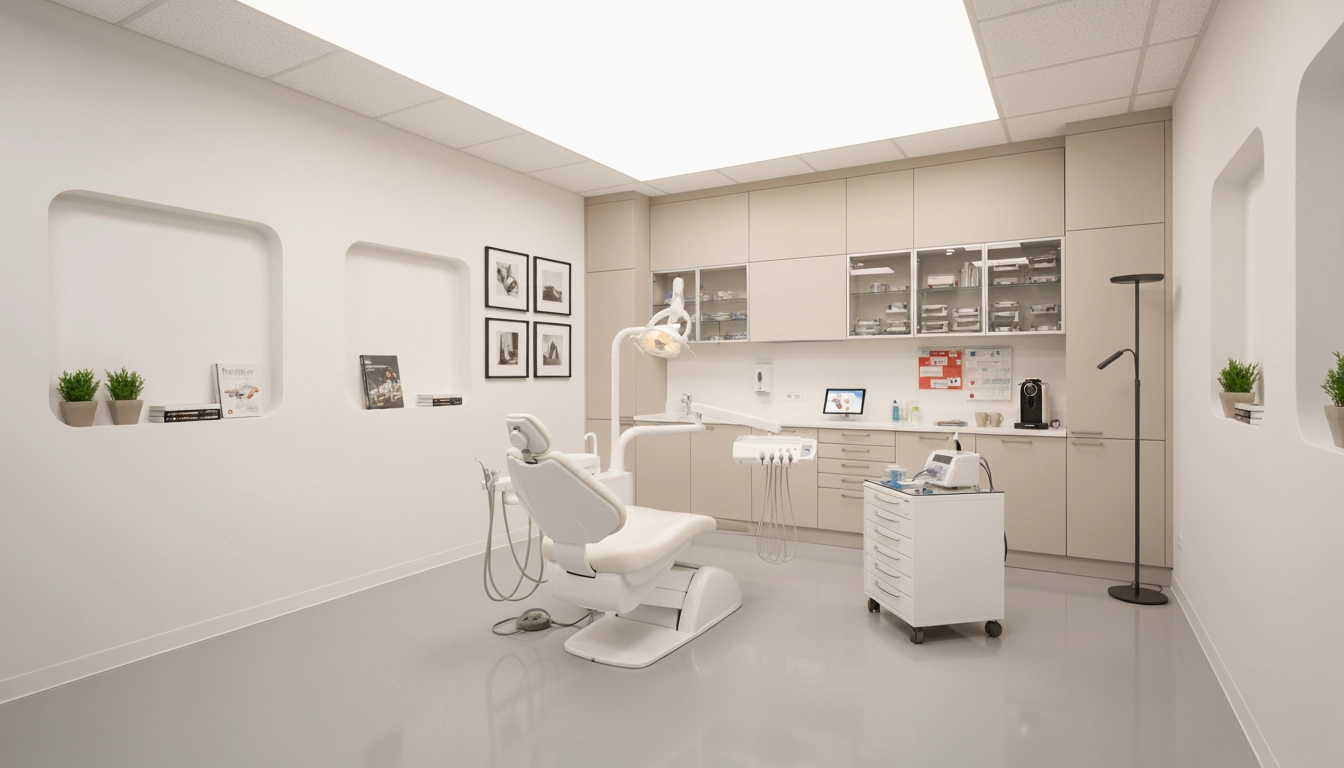 Modern dentist's room with backlit tension fabric lighting, providing uniform, shadow-free light.