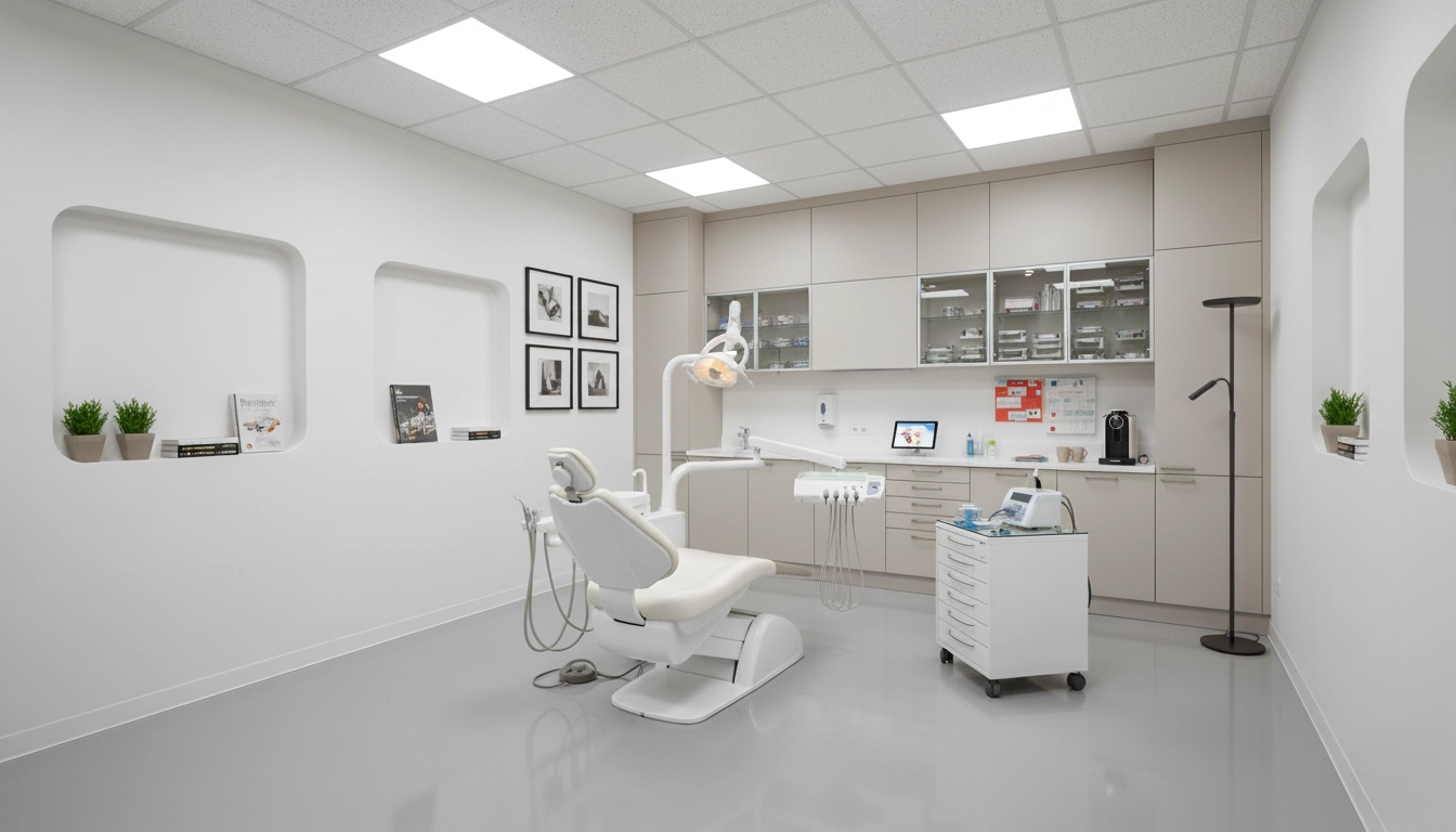 Dentist's room with standard lighting, showing fluorescent lamps in grids.